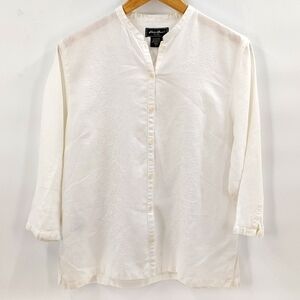 Eddie Bauer linen button down white with embroidered flowers size large Tall